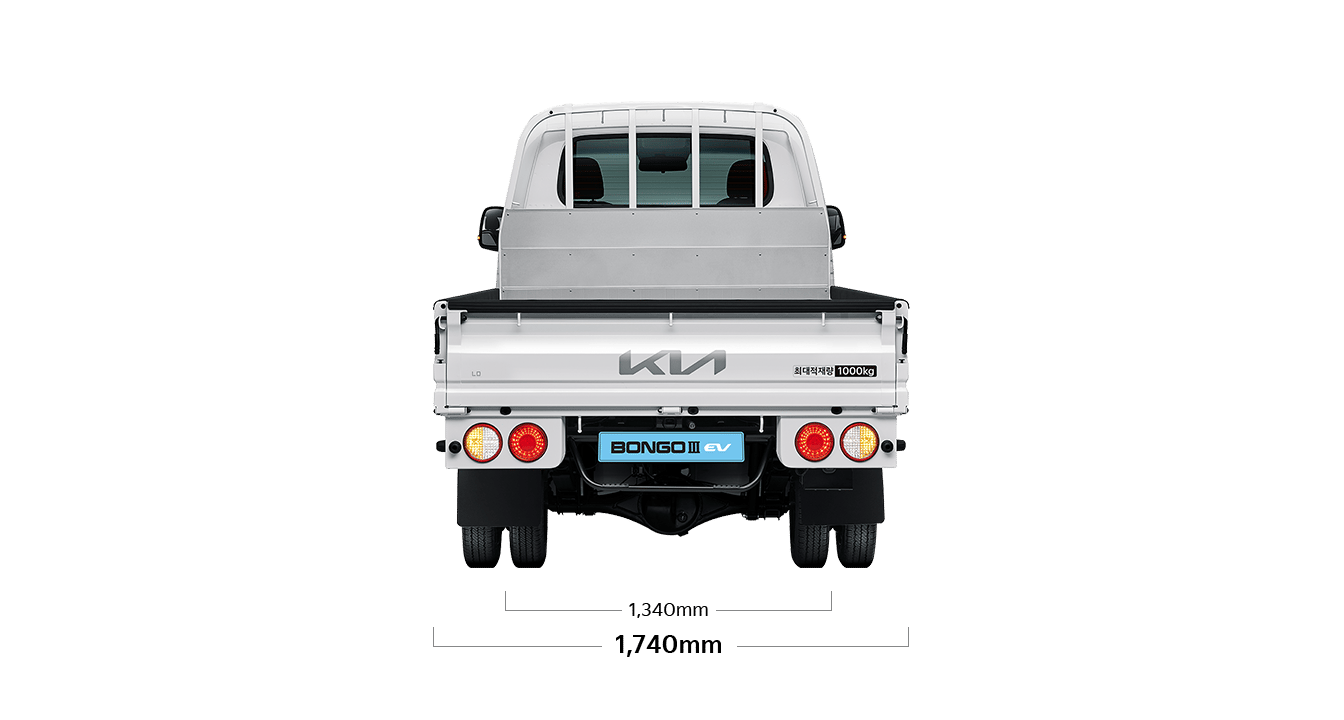 봉고 III EV 제원 후면 : 전폭 1,740mm, 윤거 후 1,340mm