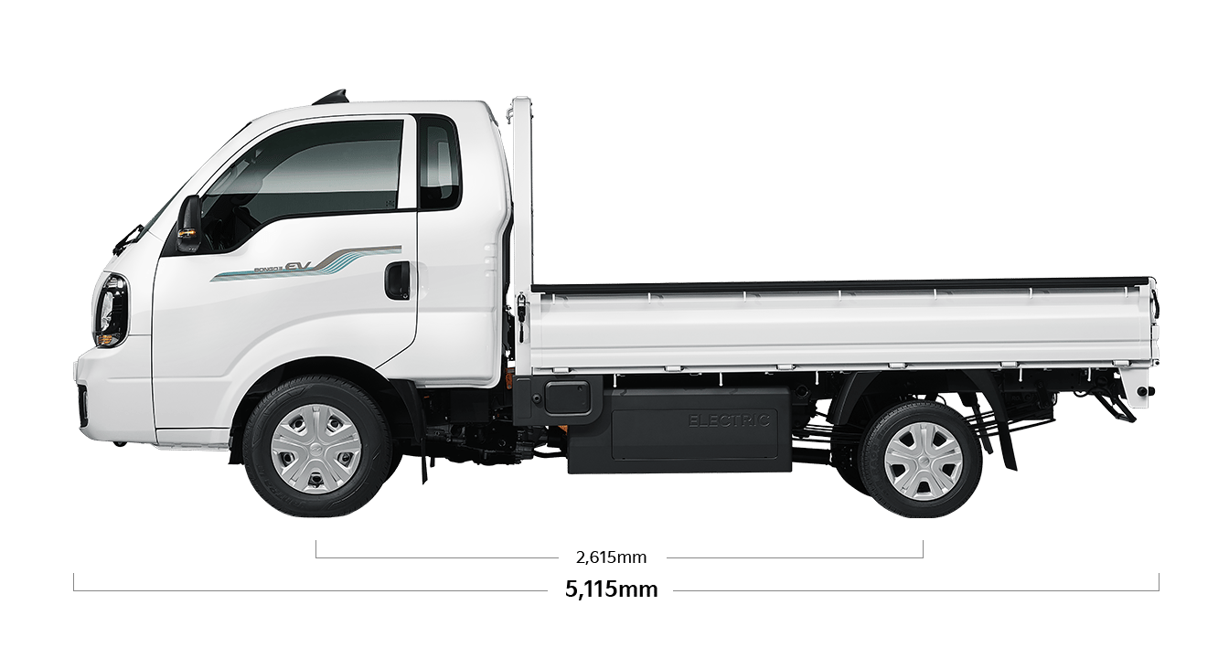봉고 III EV 제원 측면 : 전장 5,115mm, 축거 2,810mm