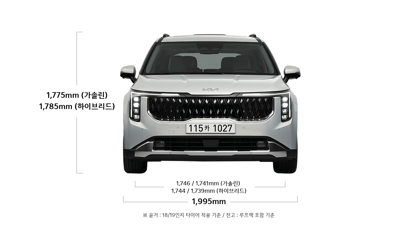 카니발 제원 정면 : 전폭 1,995mm, 전고 1,775mm (가솔린) 1,785mm (하이브리드), 윤거 전 1,746/1,741mm(가솔린) 1,744/1,739mm(하이브리드) ※ 전고 : 루프랙 포함 기준 ※ 윤거 : 18/19인치 타이어 적용 기준