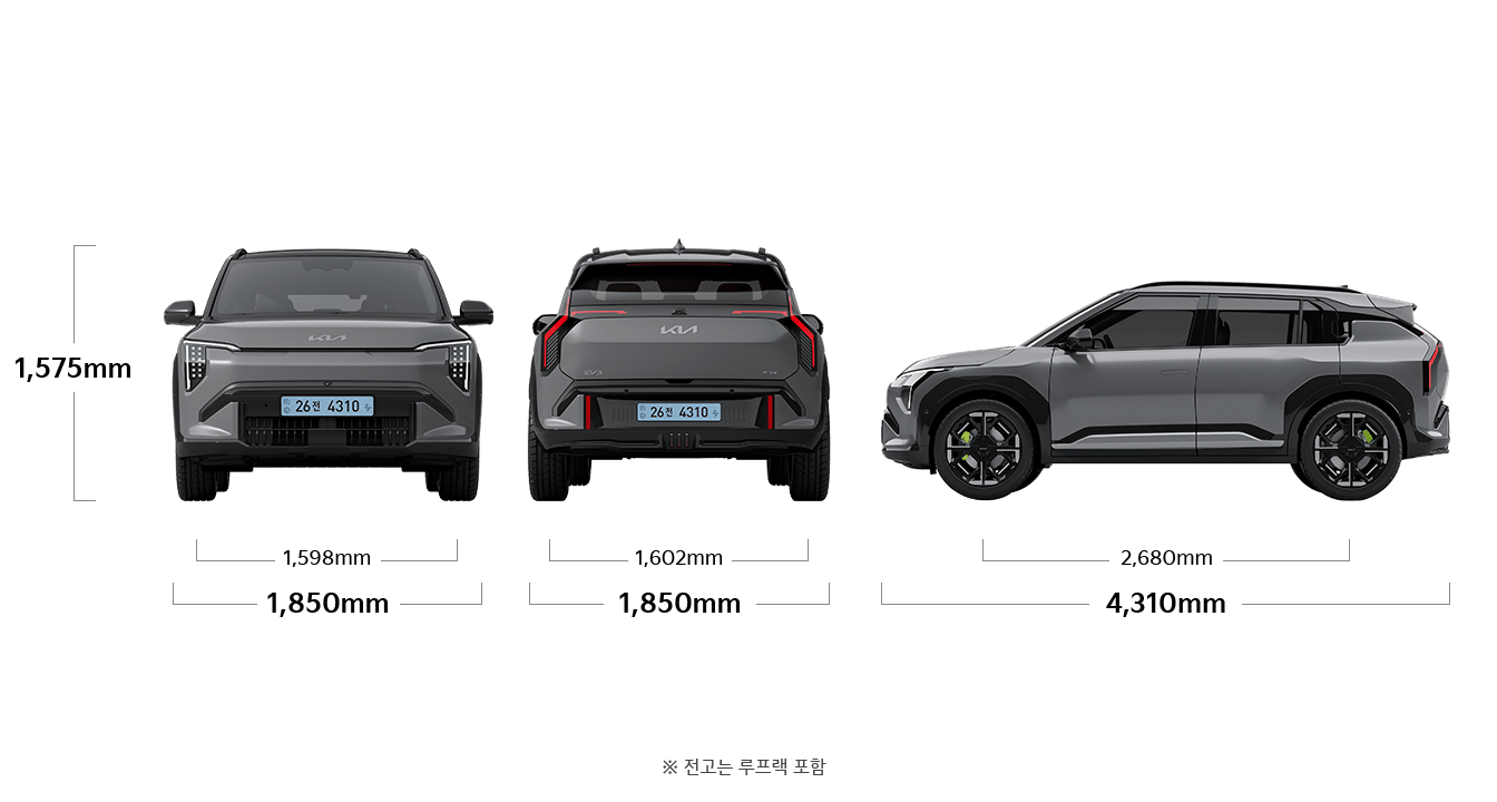 EV3 GT 제원 정면,후면,측면 : 전폭 1,850mm, 전고 1,575mm,  전장 4,310mm, 축거 2,680mm