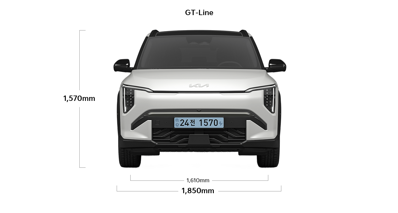 EV3 GT-line 제원 정면 : 전폭 1,850mm, 전고 1,570mm, 윤거 전 1,610mm