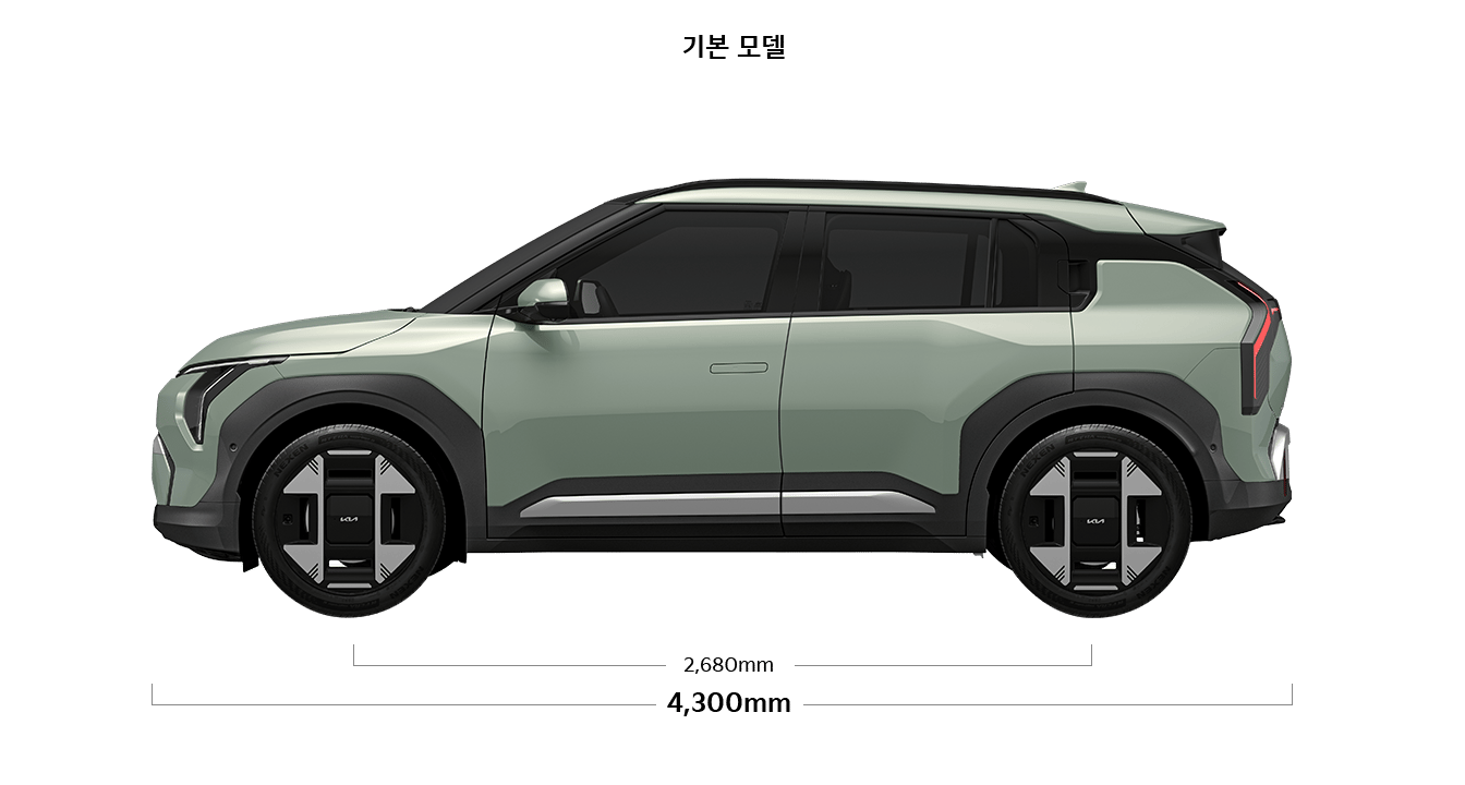 EV3 기본모델 제원 측면 : 전장 4,300mm, 축거 2,680mm