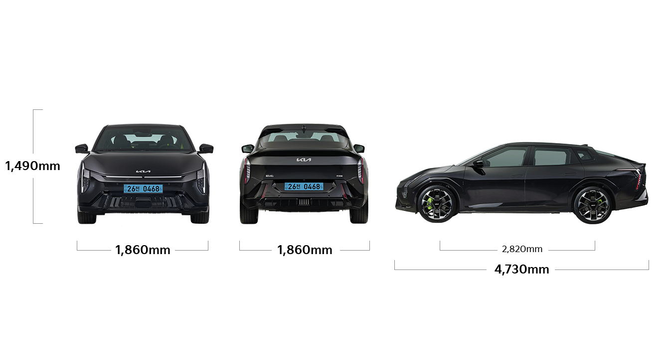 EV4 GT 제원 정면,후면,측면 : 전폭 1,860mm, 전고 1,490mm,  전장 4,730mm, 축거 2,820mm
