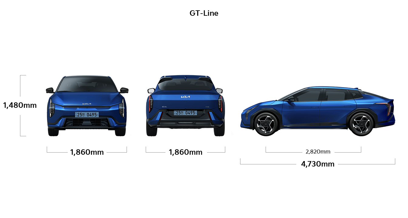 EV4 GT-line 제원 정면,후면,측면 : 전고 1,480mm, 전폭 1,860mm, 축거 2,820mm,전장 4,730mm