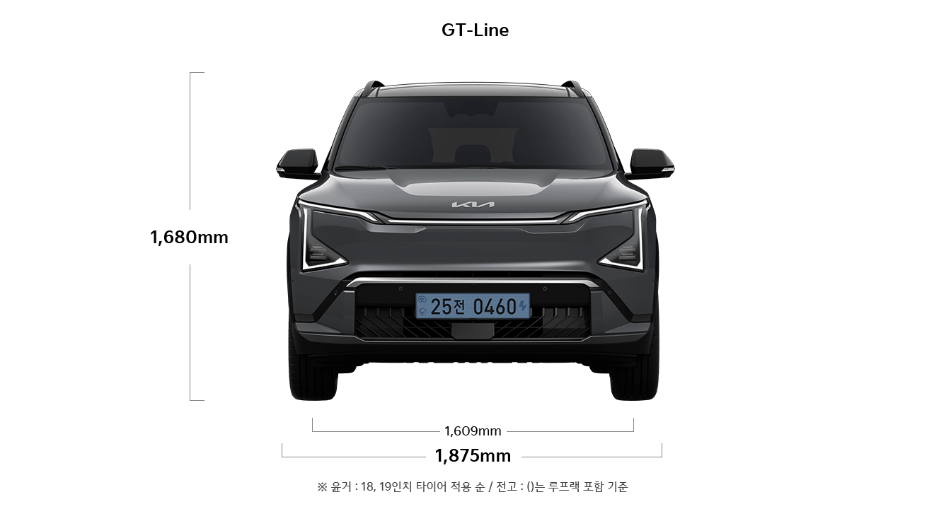 EV5 GT-line 제원 정면 : 전고 1,680mm, 전폭 1,875mm, 윤거 전 1,609mm ※ 윤거 : 18, 19인치 타이어 적용 순 / 전고 : ()는 루프랙 포함 기준