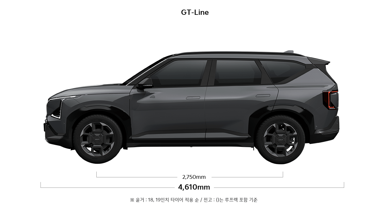EV5 GT-line 제원 측면 : 축거 2,750mm, 전장 4,610mm ※ 윤거 : 18, 19인치 타이어 적용 순 / 전고 : ()는 루프랙 포함 기준