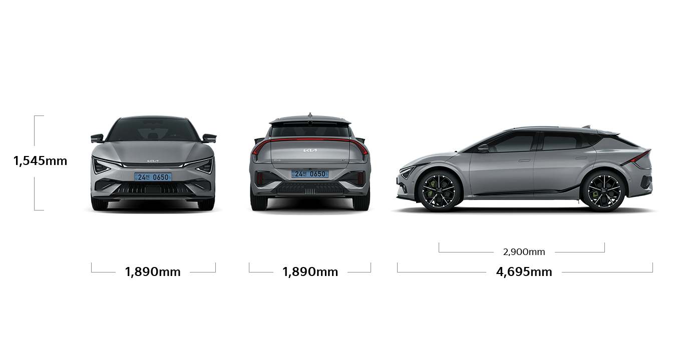 EV6 GT 제원 정면,후면,측면 : 전폭 1,890mm, 전고 1,545mm, 전폭 1,890mm, 전장 4,695mm, 축거 2,900mm
