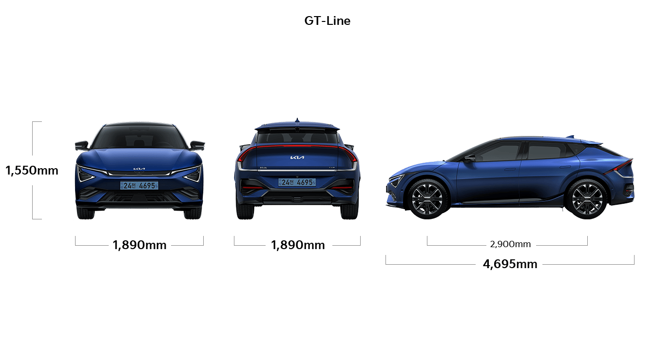 EV6 GT-line 제원 정면,후면,측면 : 전폭 1,890mm, 전고 1,550mm, 전폭 1,890mm, 전장 4,695mm, 축거 2,900mm
