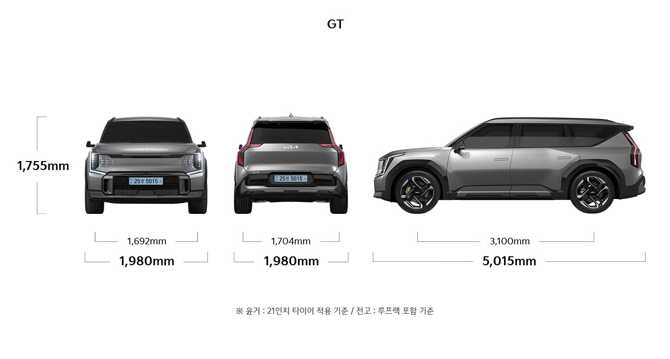 EV9 GT 제원 정면,후면,측면 : 전폭 1,980mm, 전고 1,755mm, 윤거 전 1,692mm, 전폭 1,980mm, 윤거 후 1,704mm, 전장 5,015mm, 축거 3,100mm ※ 윤거 : 21인치 타이어 적용 기준 / 전고 : 루프랙 포함 기준