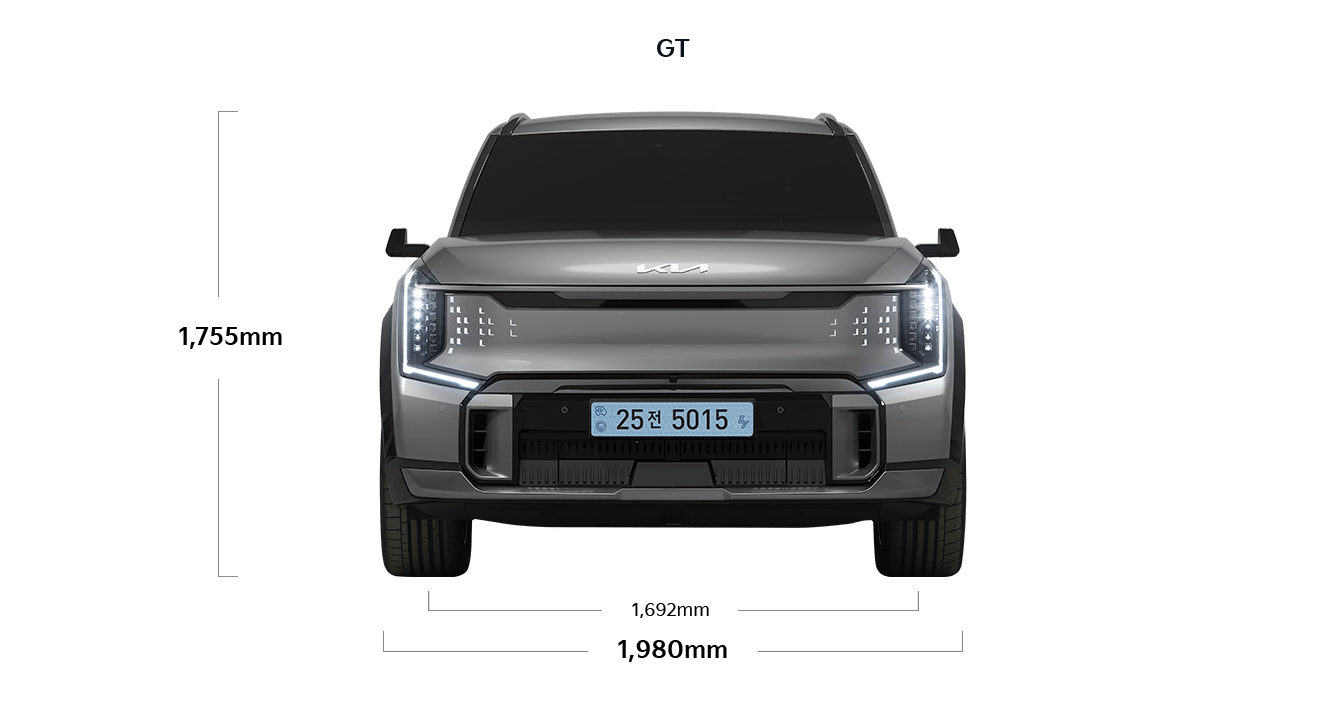 EV9 GT 제원 정면 : 전폭 1,980mm, 전고 1,755mm, 윤거 전 1,692mm