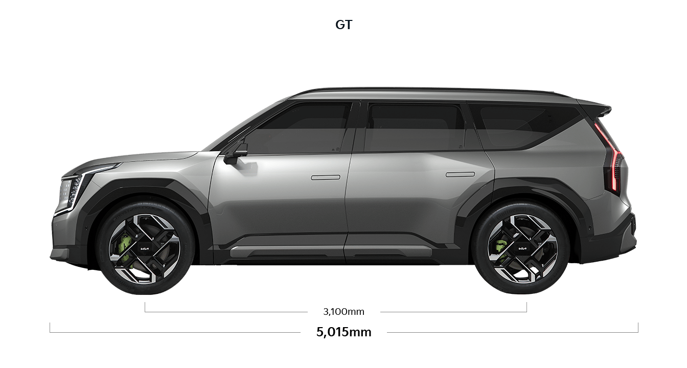 EV9 GT 제원 측면 : 전장 5,015mm, 축거 3,100mm