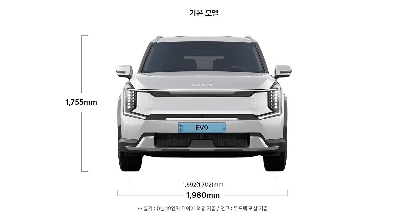 EV9 기본모델 제원 정면 : 전폭 1,980mm, 전고 1,755mm, 윤거 전 1,692(1,702)mm ※ 윤거 : ( )는 19인치 타이어 적용 기준 / 전고 : 루프랙 포함 기준