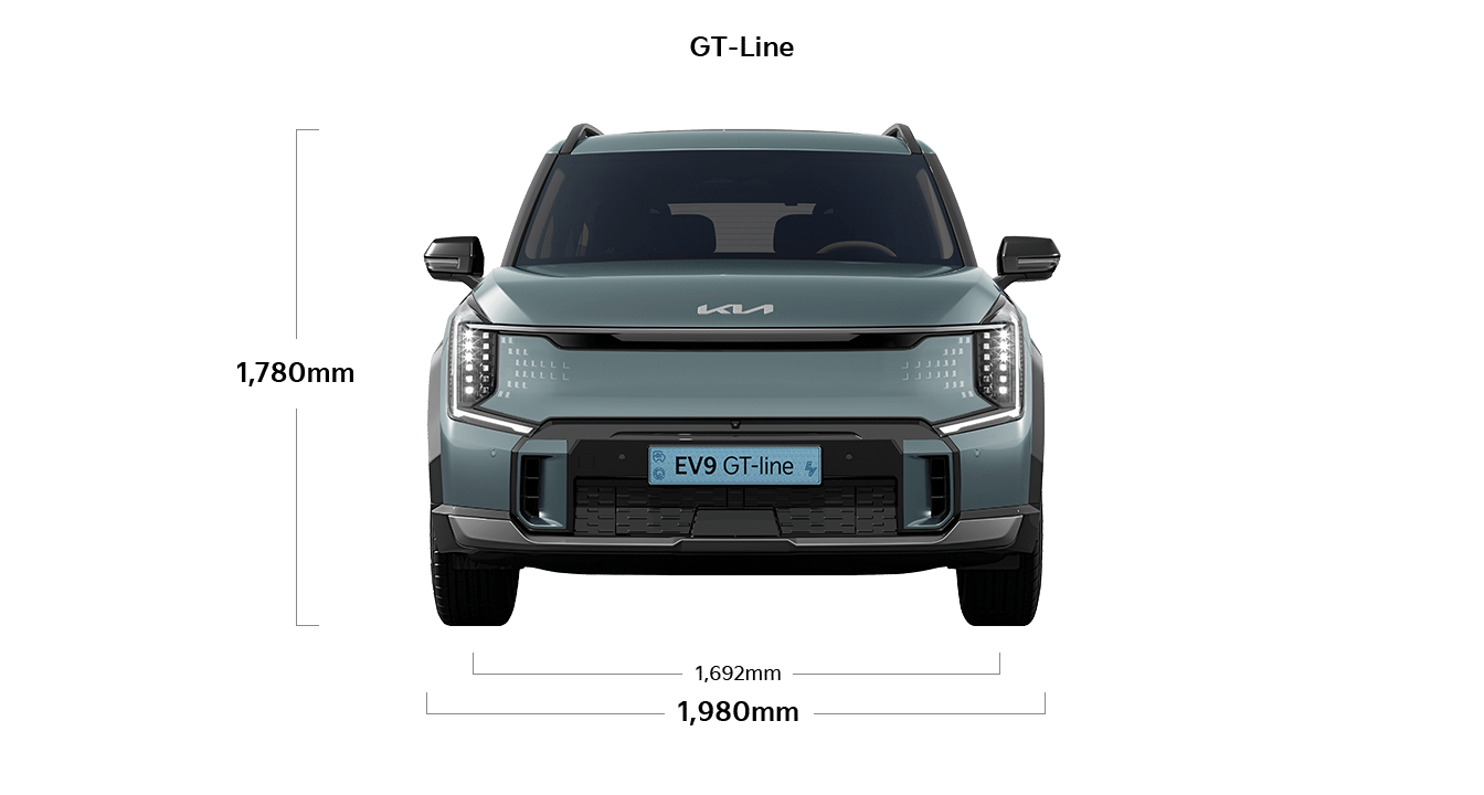EV9 GT-line 제원 정면 : 전폭 1,980mm, 전고 1,780mm, 윤거 전 1,692mm