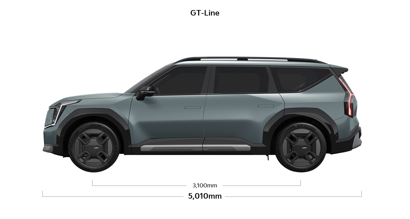 EV9 GT-line 제원 측면 : 전장 5,015mm, 축거 3,100mm