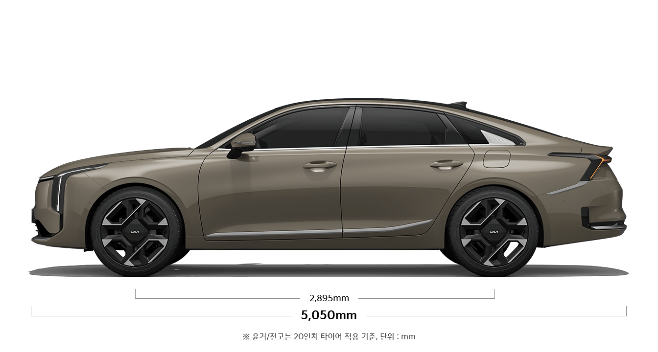 K8 제원 측면 : 전장 5,050mm, 축거 2,895mm ※ 윤거/전고는 20인치 타이어 적용 기준, 단위 : mm