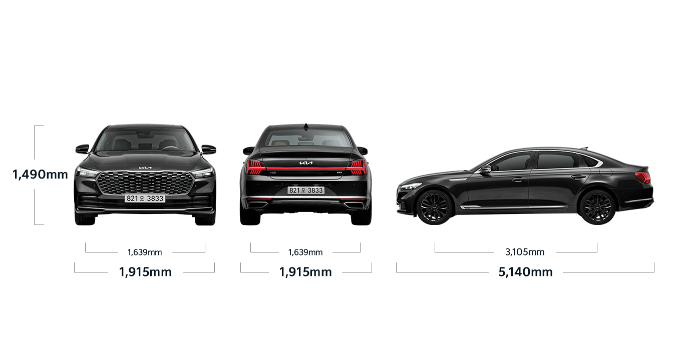 K9 제원 정면,후면,측면 : 전폭 1,915mm, 전고 1,490mm, 윤거 전 1,639mm, 전폭 1,915mm, 윤거 후 1,639mm, 전장 5,140mm, 축거 3,105mm