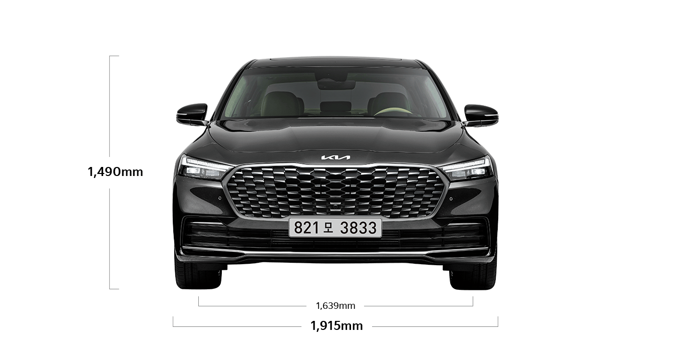 K9 제원 정면 : 전폭 1,915mm, 전고 1,490mm, 윤거 전 1,639mm
