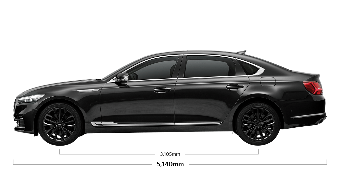 K9 제원 측면 : 전장 5,140mm, 축거 3,105mm