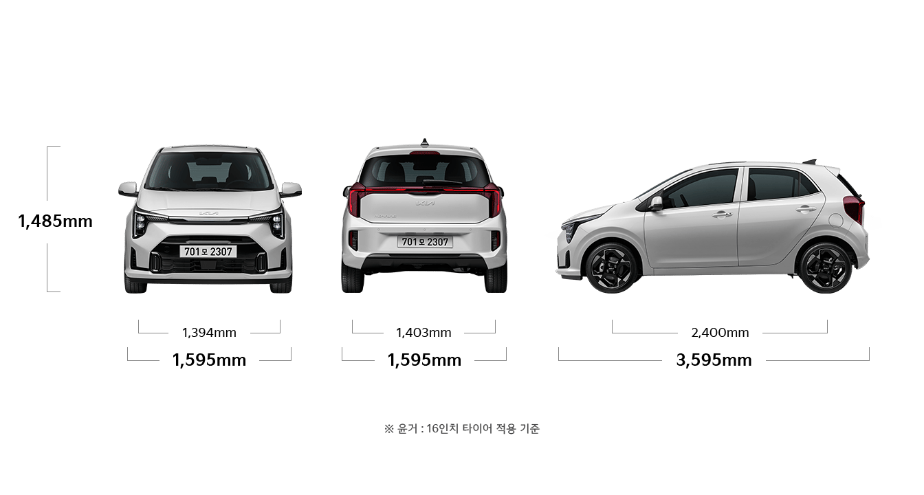 모닝 제원 정면,후면,측면 : 전폭 1,595mm, 전고 1,485mm, 윤거 전 1,394mm, 전폭 1,595mm, 윤거 후 1,403mm, 전장 3,595mm, 축거 2,400mm ※ 윤거: 16인치 타이어 적용 기준