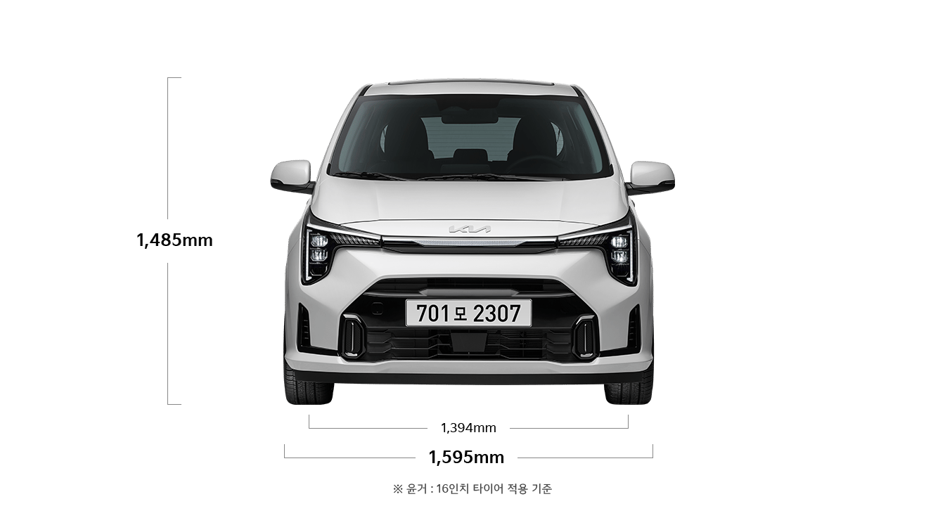 모닝 제원 정면 : 전폭 1,595mm, 전고 1,485mm, 윤거 전 1,394mm ※ 윤거: 16인치 타이어 적용 기준