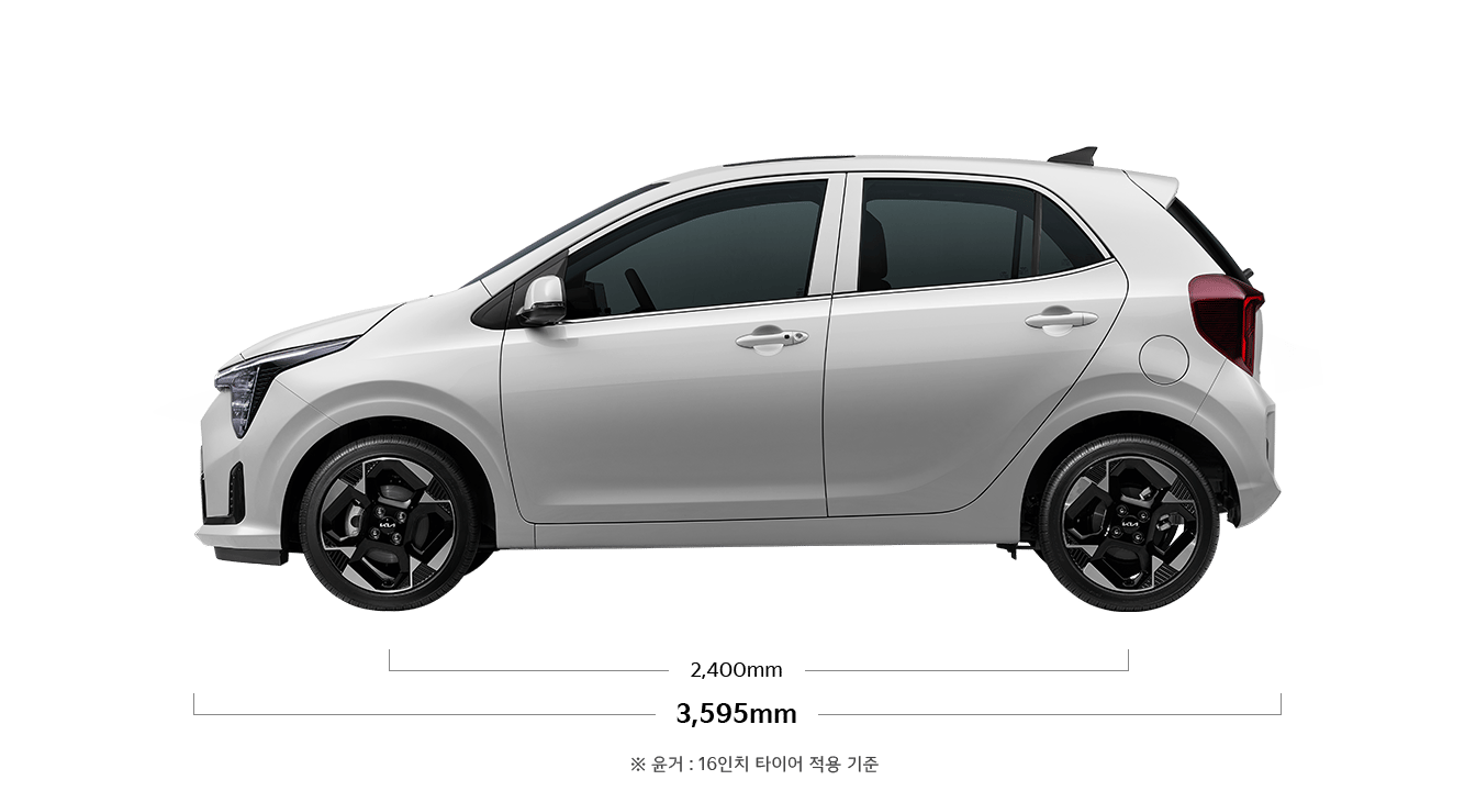 모닝 제원 측면 : 전장 3,595mm, 축거 2,400mm ※ 윤거: 16인치 타이어 적용 기준