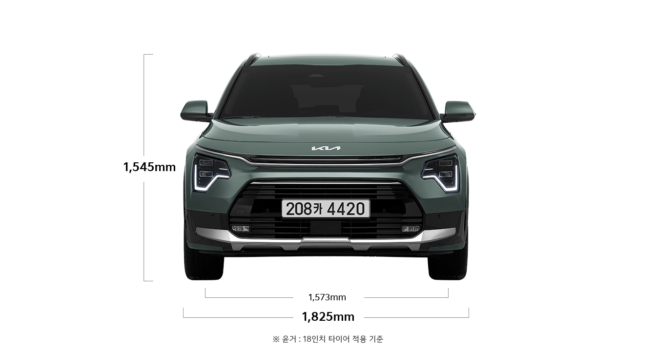 니로 제원 정면 : 전폭 1,825mm, 전고 1,545mm, 윤거 전 1,573mm ※ 윤거 : 18인치 타이어 적용 기준