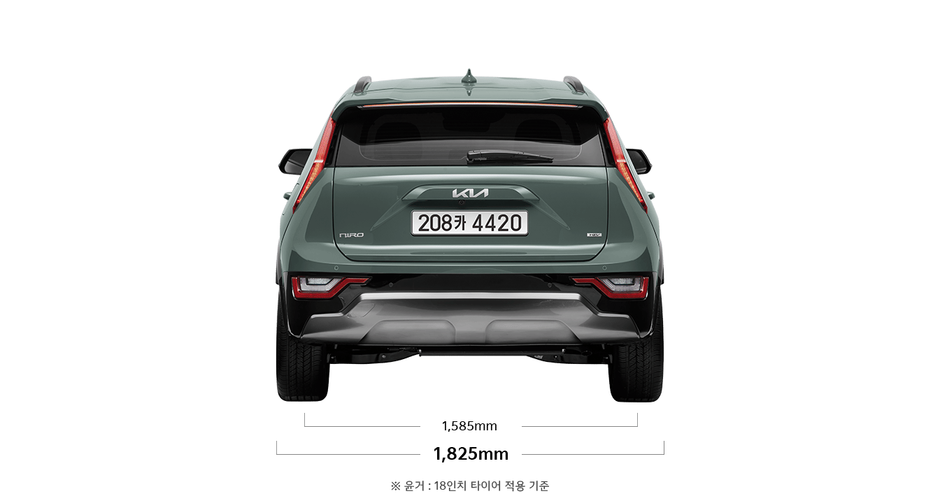 니로 제원 후면 : 전폭 1,825mm, 윤거 후 1,585mm ※ 윤거 : 18인치 타이어 적용 기준