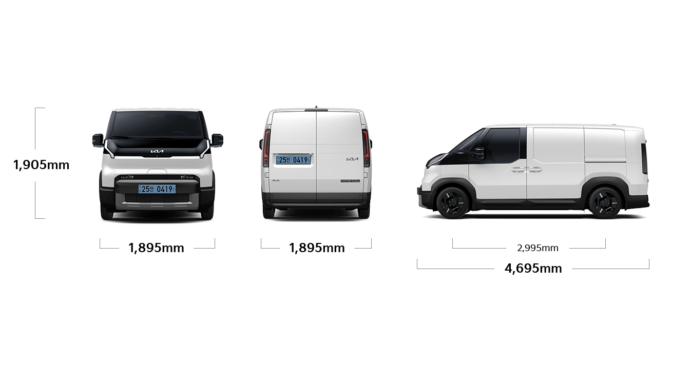 PV5 카고 제원 정면/후면/측면 : 전폭 1,895mm, 전고 1,905mm, 휠베이스 2,995mm, 전장 4,695mm