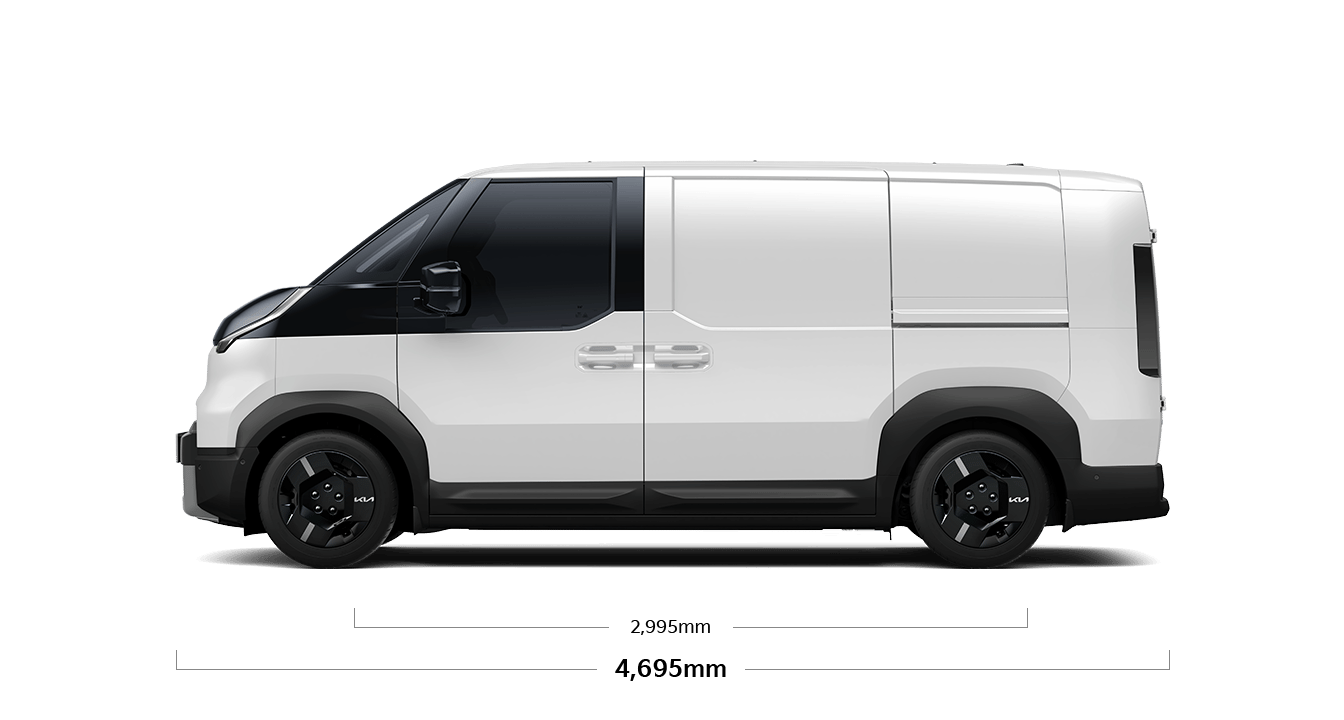 PV5 카고 제원 측면 : 휠베이스 2,995mm, 전장 4,695mm