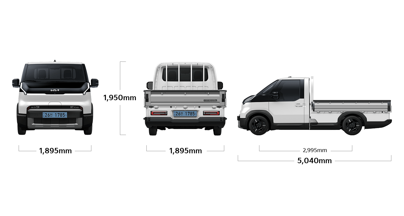 PV5 WAV 제원 정면/후면/측면 : 전폭 1,895mm, 전고 1,905mm, 휠베이스 2,995mm, 전장 5,040mm