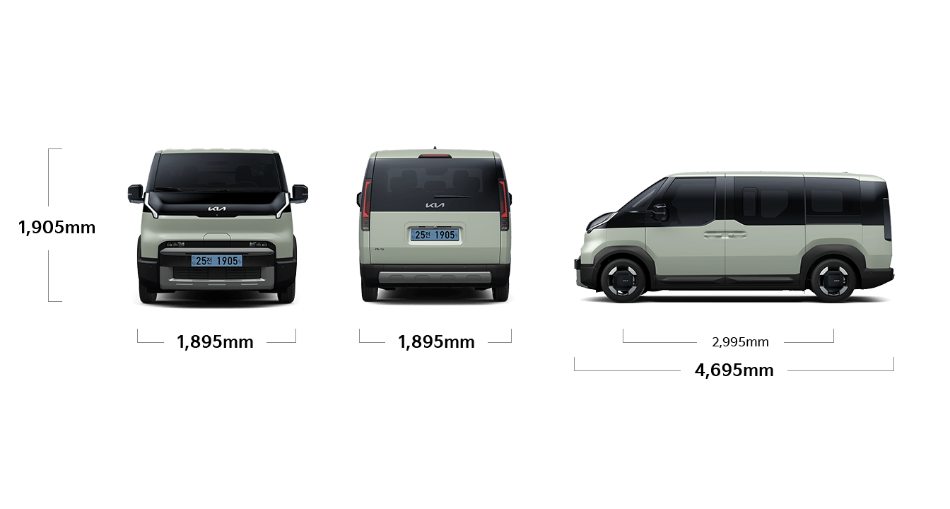 PV5 패신저 제원 정면/후면/측면 : 전폭 1,895mm, 전고 1,905mm, 휠베이스 2,995mm, 전장 4,695mm