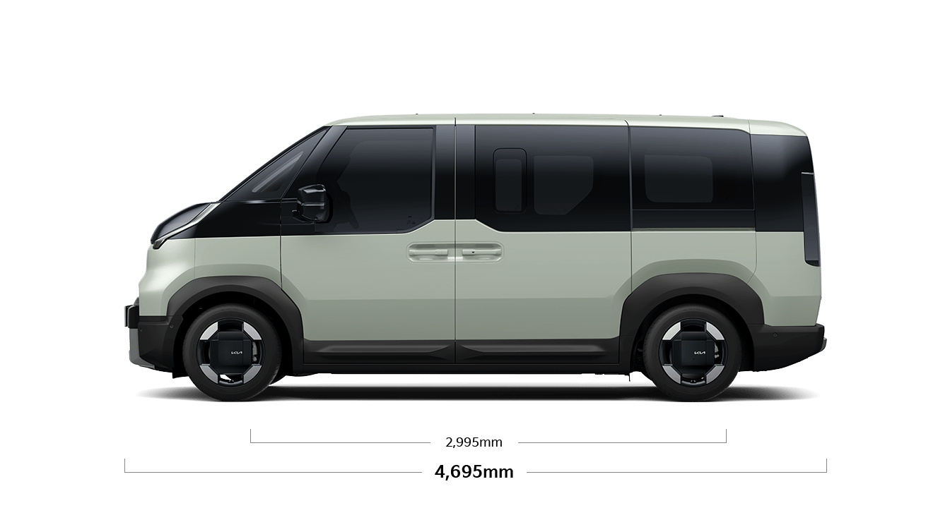 PV5 패신저 제원 측면 : 휠베이스 2,995mm, 전장 4,695mm