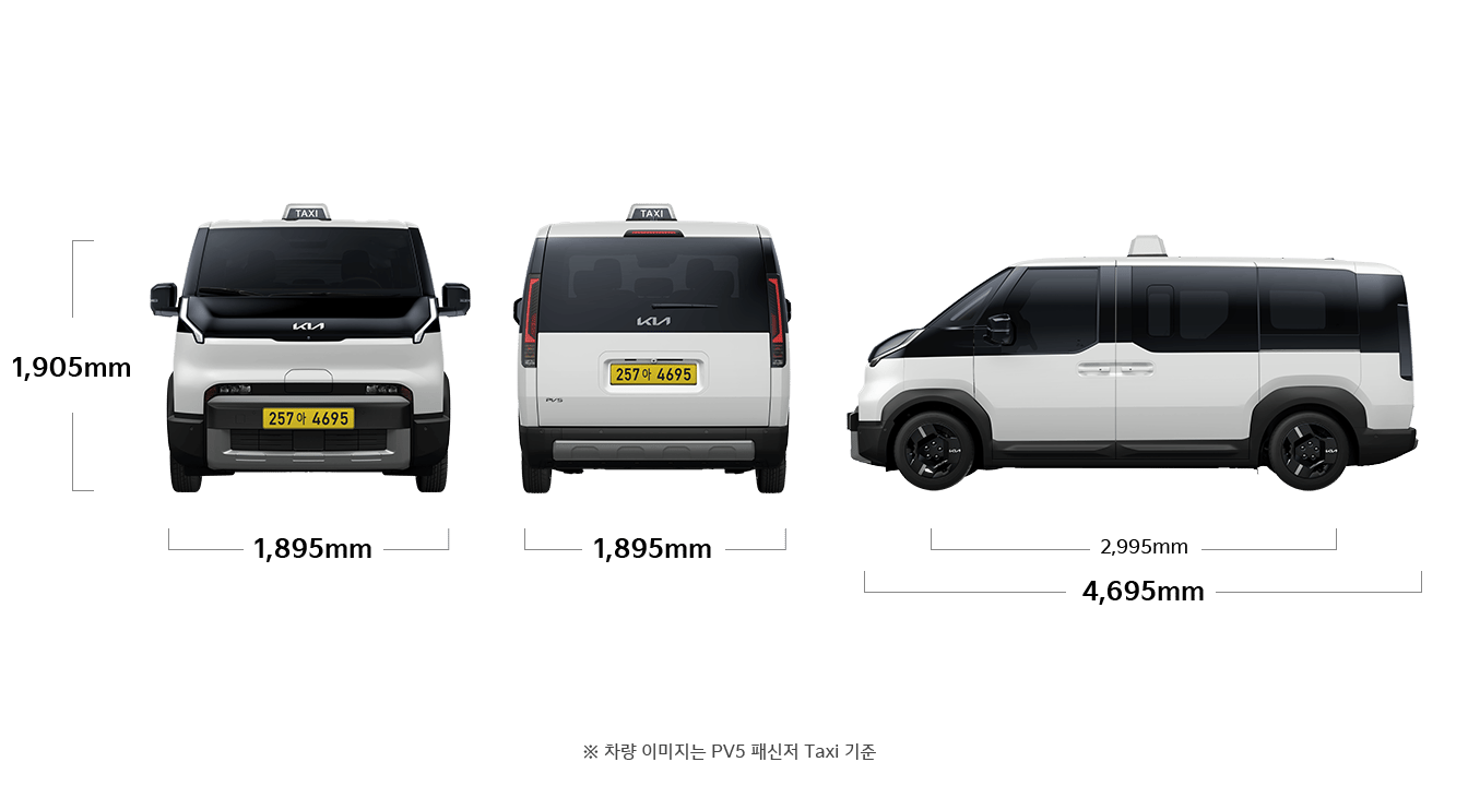 PV5 WAV 택시 제원 정면/후면/측면 : 전폭 1,895mm, 전고 1,905mm, 휠베이스 2,995mm, 전장 4,695mm