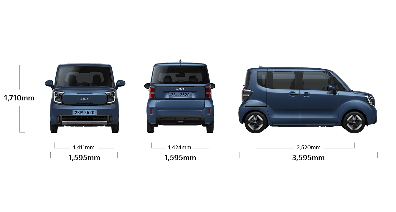 레이 EV 제원 정면,후면,측면 : 전폭 1,595mm, 전고 1,710mm, 윤거 전 1,411mm, 전폭 1,595mm, 윤거 후 1,424mm, 전장 3,595mm, 축거 2,520mm