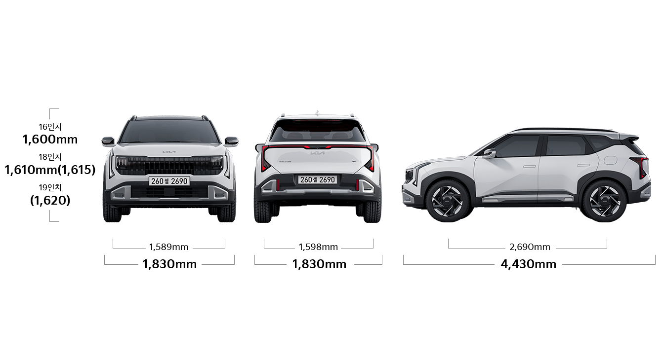 셀토스 제원 정면,후면,측면 : 전폭 1,800mm, 전고 16인치 1,600mm (1,615) 18인치 1,605mm (1,620), 윤거 전 1,575 / 1,560mm, 전폭 1,800mm, 윤거 후 1,584 / 1,568mm (2WD) 1,587/ 1,571mm (4WD), 전장 4.390mm, 축거 2,630mm ※ 전고 : ( )는 루프랙 장착 기준 ※ 윤거 : 16 / 18인치 타이어 적용 순입니다.