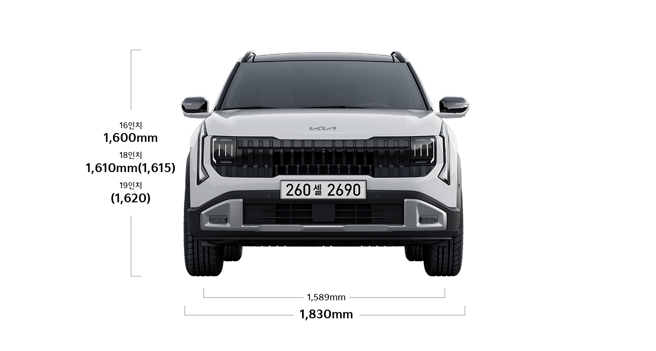 셀토스 제원 정면 : 전폭 1,830mm, 전고 16인치 1,600mm 18인치 1,610mm (1,615) 19인치 1,675mm (1,680), 윤거 전 1,575 / 1,560mm