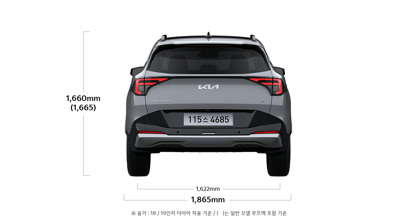 스포티지 제원 후면 : 전폭 1,865mm, 전고 1,660(1,665)mm, 윤거 후 1,622mm ※ 윤거 : 18 / 19인치 타이어 기준 ※ (  )는 일반 모델 루프랙 포함 기준